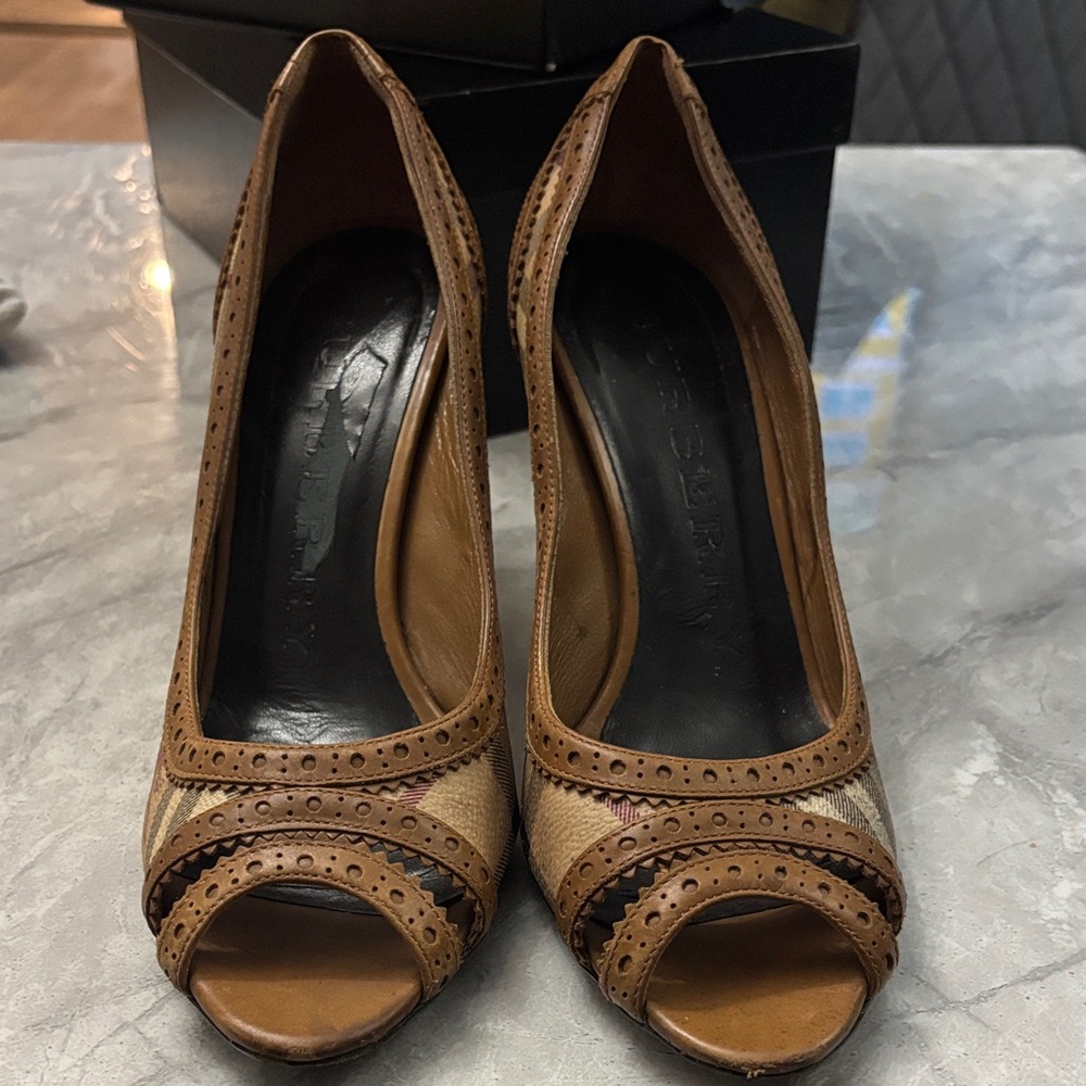 Burberry Tan and Brown Peep-Toe Heels